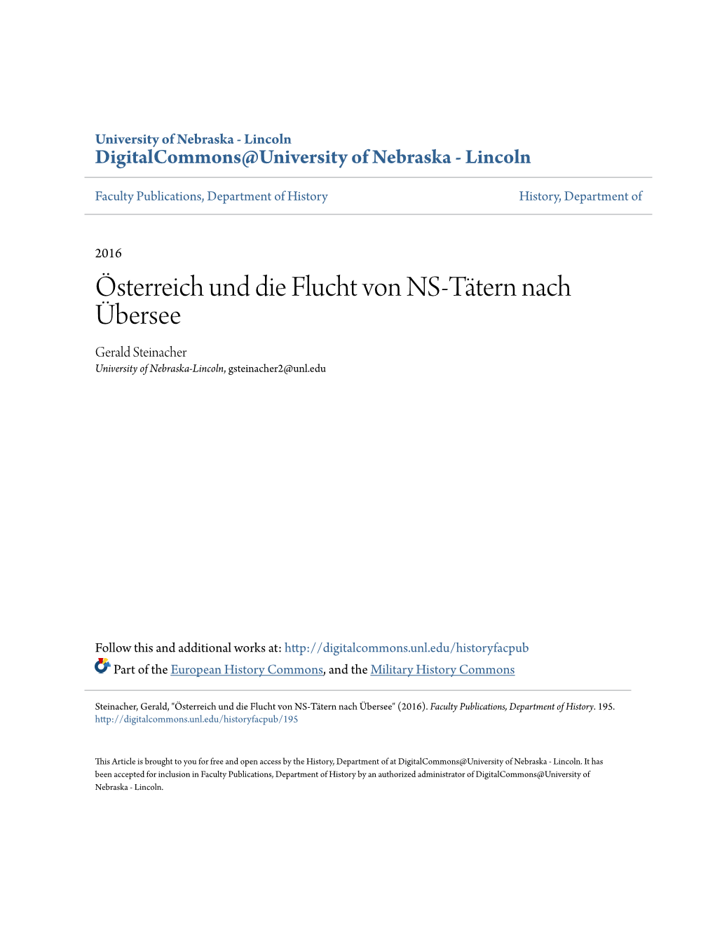 Österreich Und Die Flucht Von NS-Tätern Nach Übersee Gerald Steinacher University of Nebraska-Lincoln, Gsteinacher2@Unl.Edu