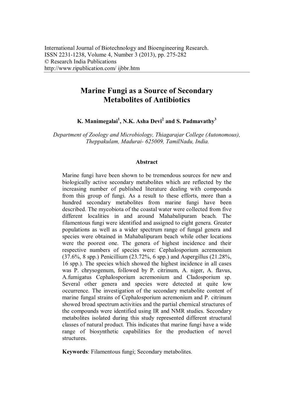 Marine Fungi As a Source of Secondary Metabolites of Antibiotics