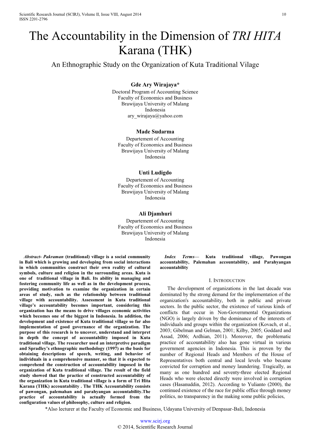 The Accountability in the Dimension of TRI HITA Karana (THK) an Ethnographic Study on the Organization of Kuta Traditional Vilage