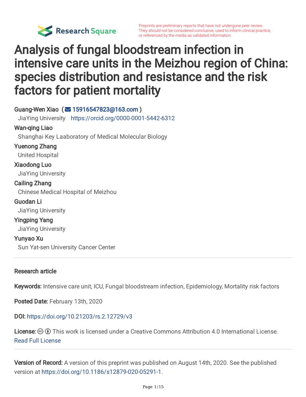 Analysis of Fungal Bloodstream Infection In