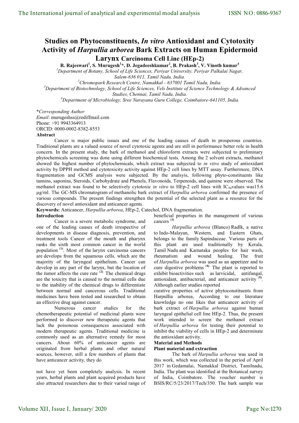 Studies on Phytoconstituents, in Vitro Antioxidant and Cytotoxity Activity of Harpullia Arborea Bark Extracts on Human Epidermoid Larynx Carcinoma Cell Line (Hep-2) R