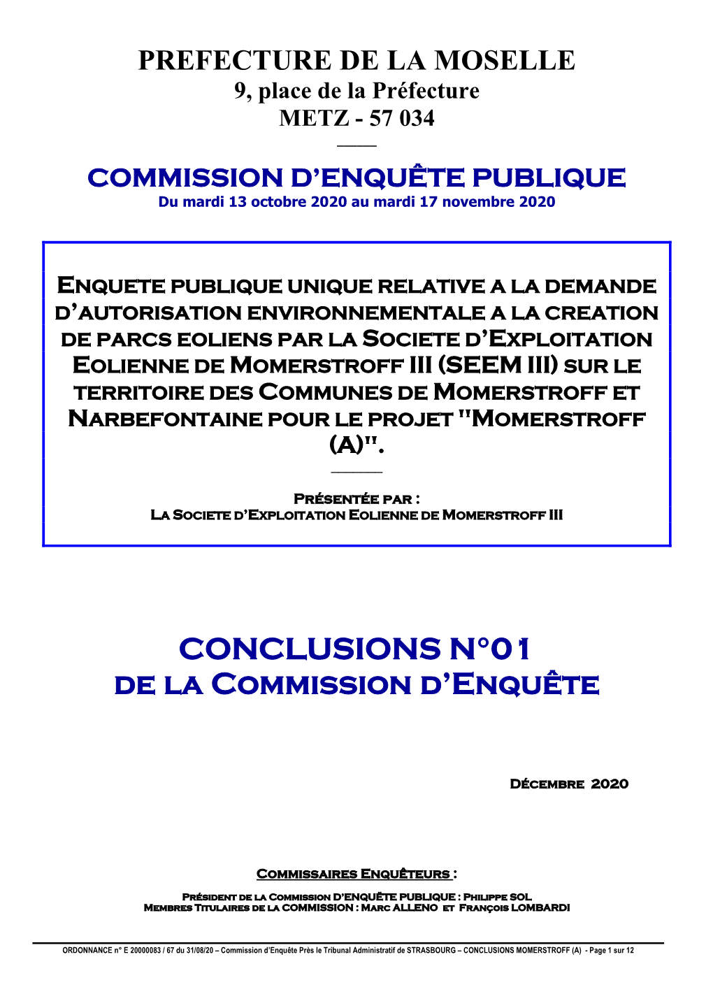 CONCLUSIONS N°01 De La Commission D'enquête