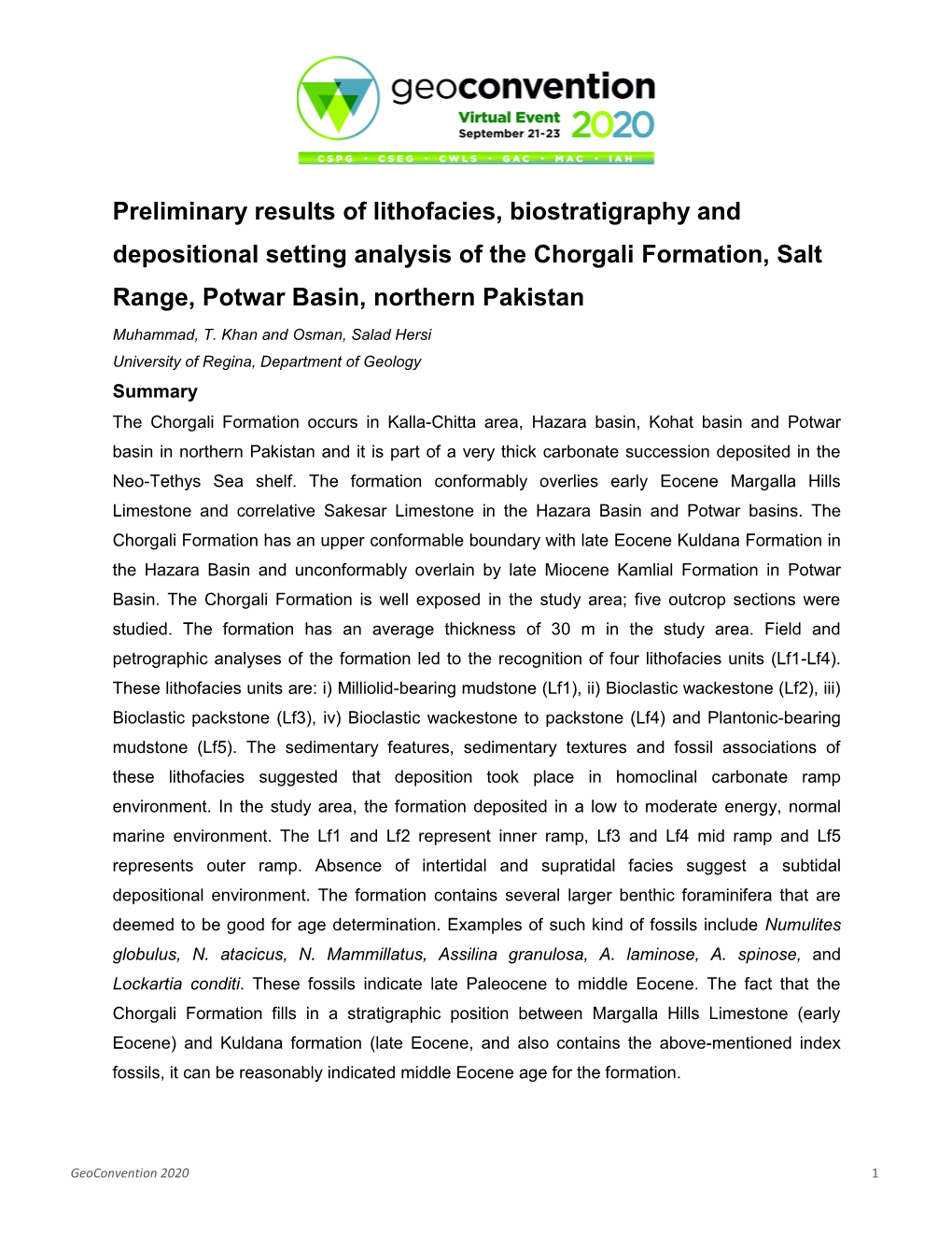 Preliminary Results of Lithofacies, Biostratigraphy and Depositional Setting Analysis of the Chorgali Formation, Salt Range, Potwar Basin, Northern Pakistan