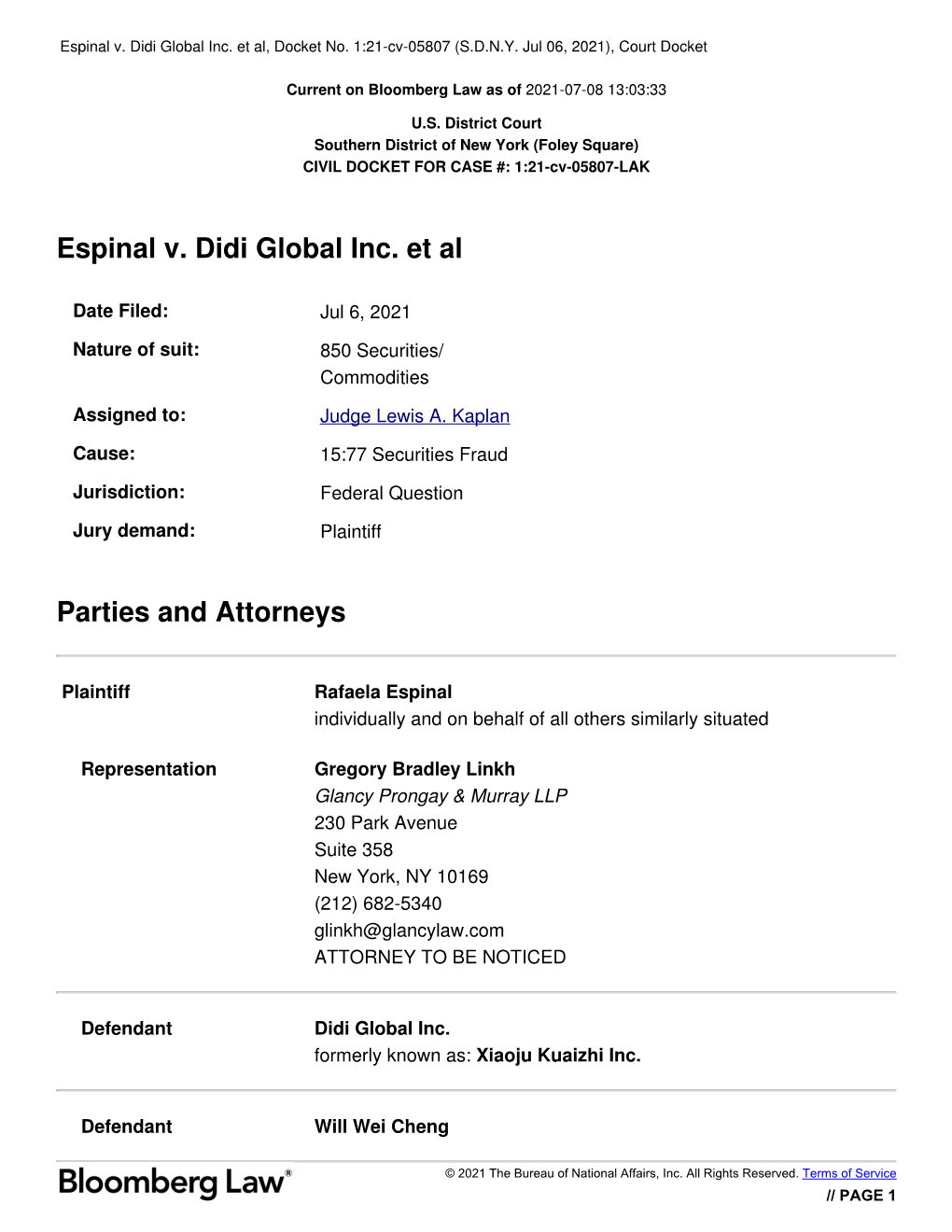 Espinal, Et Al. V. Didi Global Inc., Et Al. 21-CV-05807-U.S. District Court