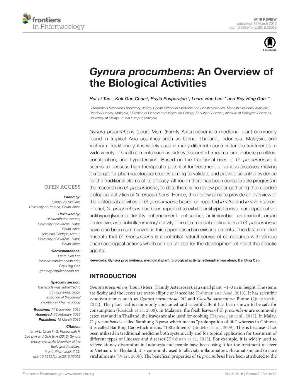 Gynura Procumbens: an Overview of the Biological Activities