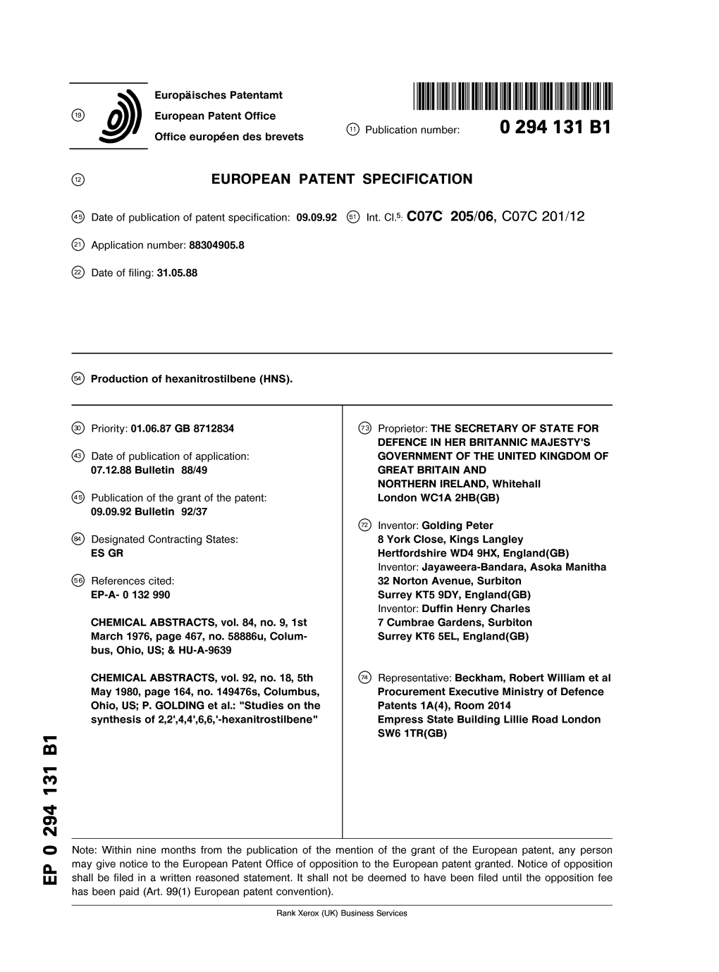 Production of Hexanitrostilbene \HNS\