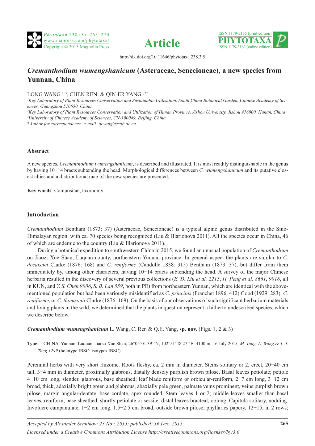 Cremanthodium Wumengshanicum (Asteraceae, Senecioneae), a New Species from Yunnan, China