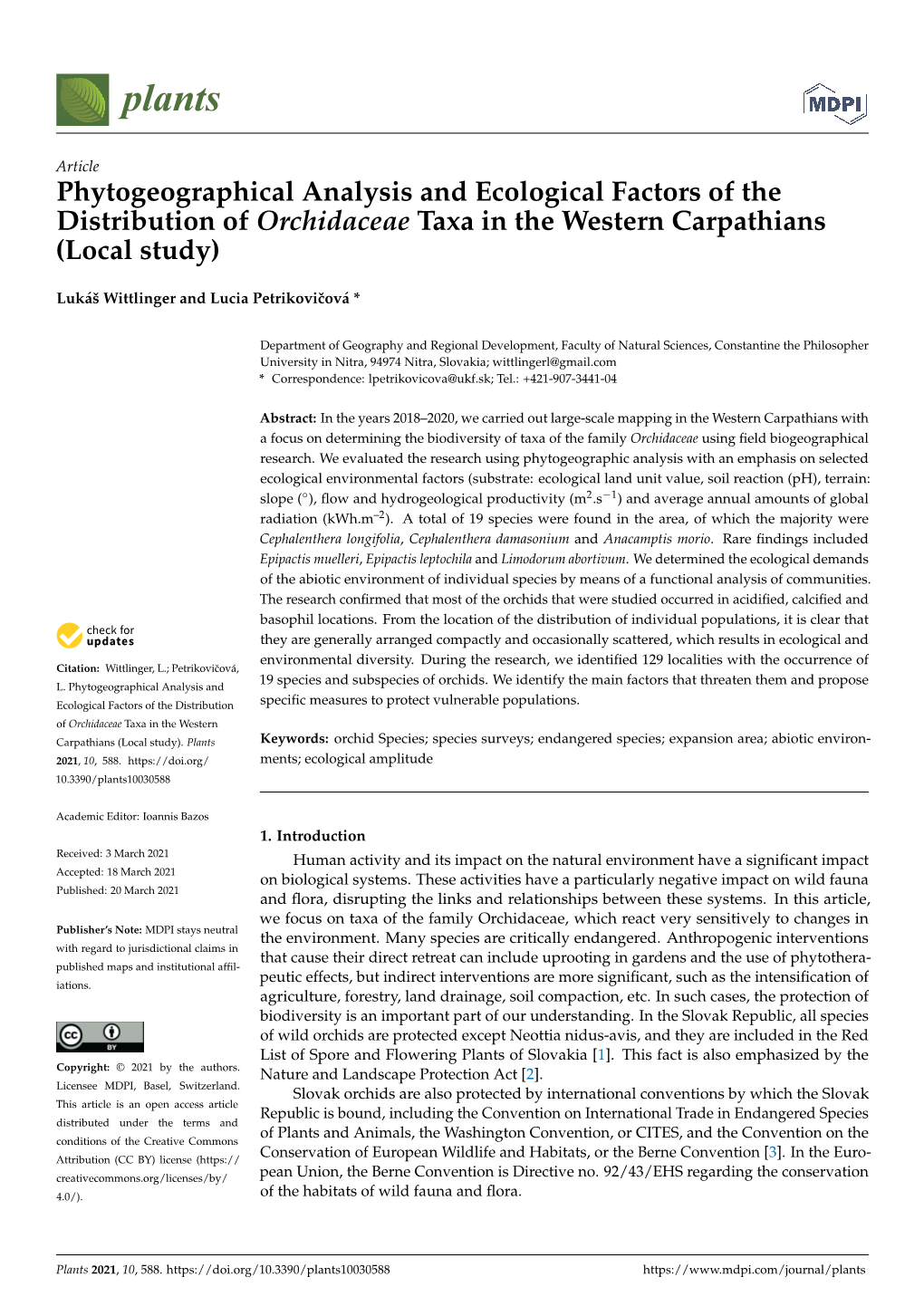 Phytogeographical Analysis and Ecological Factors of the Distribution of Orchidaceae Taxa in the Western Carpathians (Local Study)