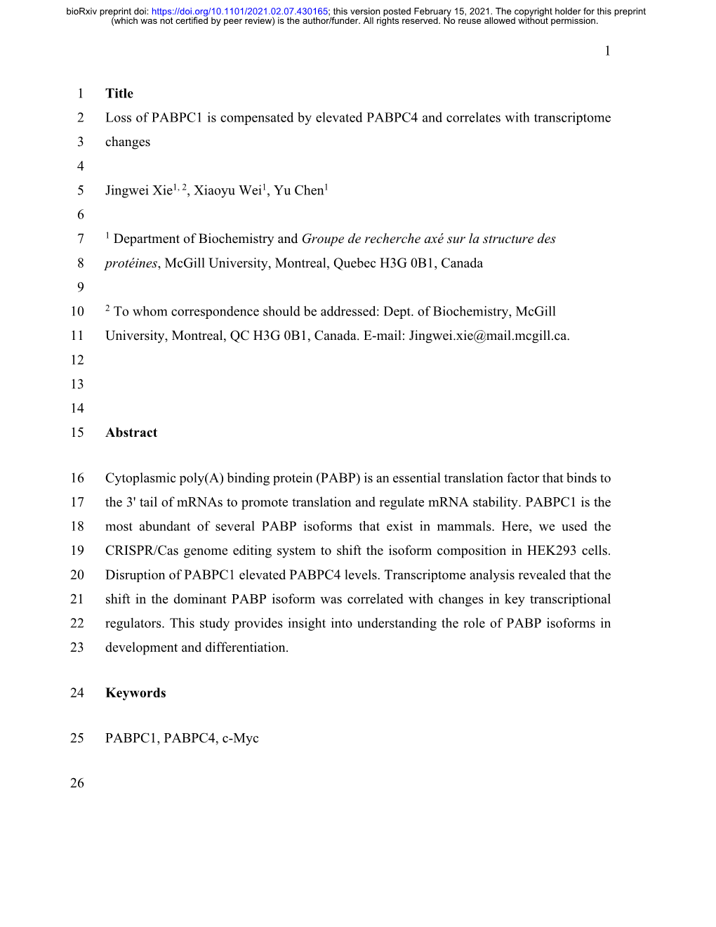 1 Title 1 Loss of PABPC1 Is Compensated by Elevated PABPC4