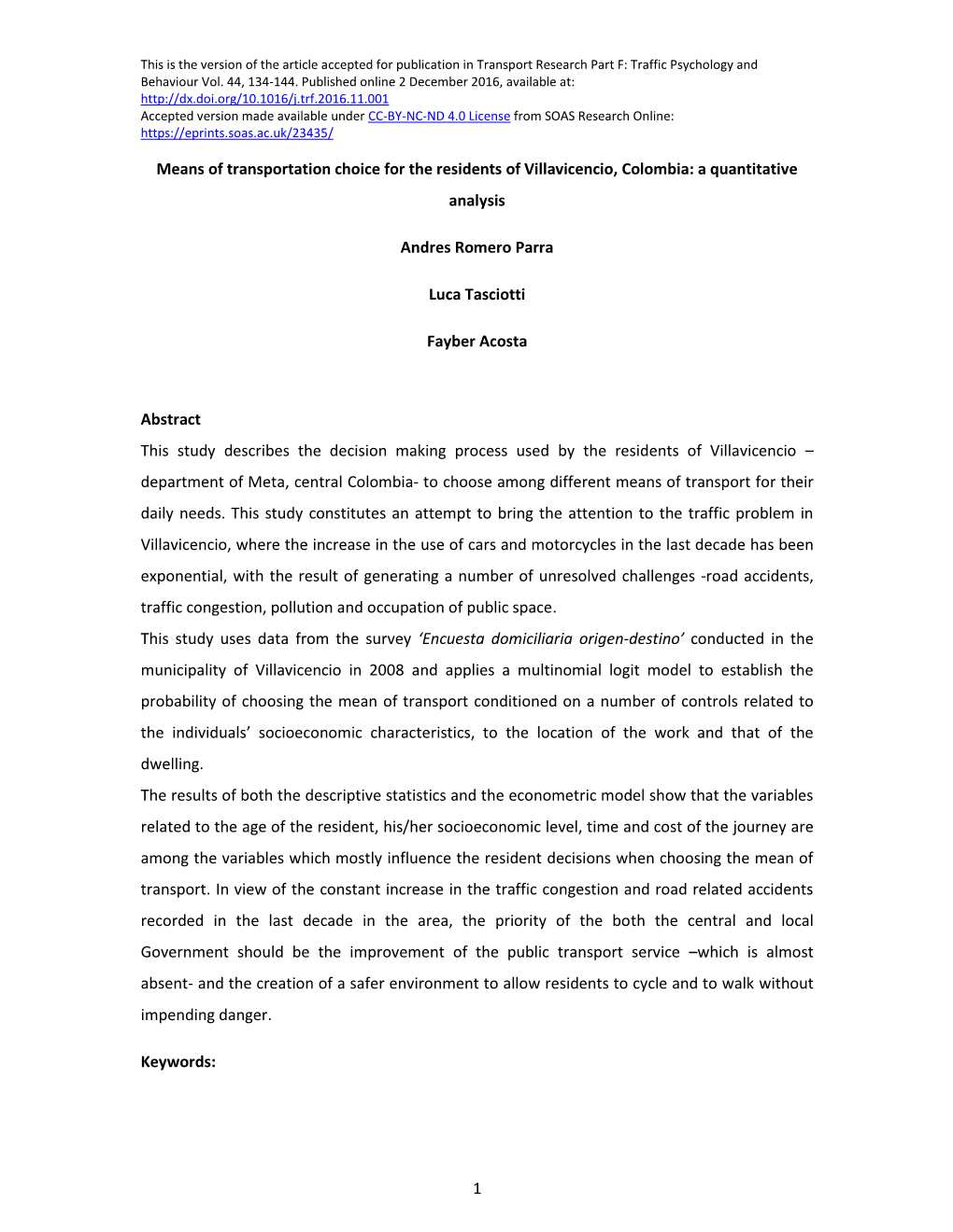 Means of Transportation Choice for the Residents of Villavicencio, Colombia: a Quantitative Analysis