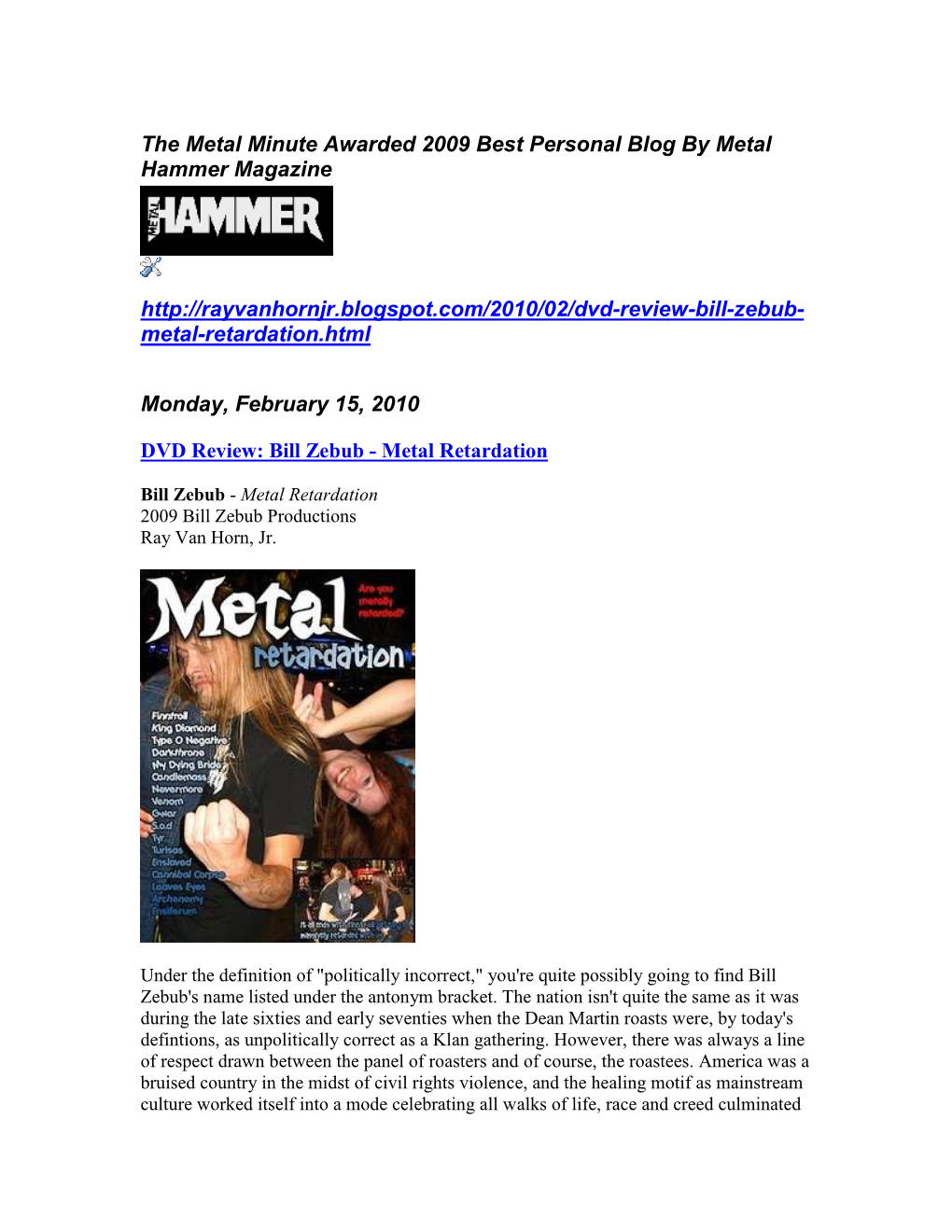 The Metal Minute Awarded 2009 Best Personal Blog by Metal Hammer Magazine