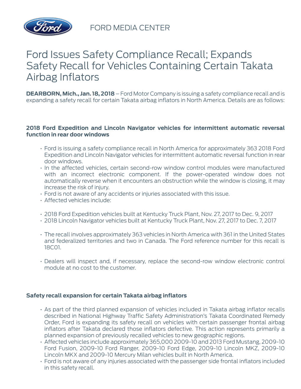 Ford Issues Safety Compliance Recall; Expands Safety Recall for Vehicles Containing Certain Takata Airbag Inflators
