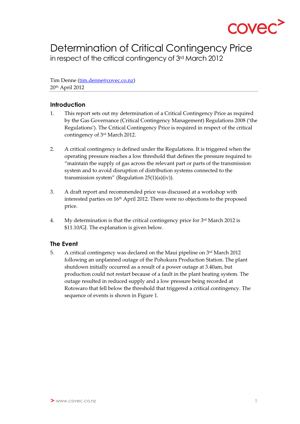 Determination of Critical Contingency Price in Respect of the Critical Contingency of 3Rd March 2012