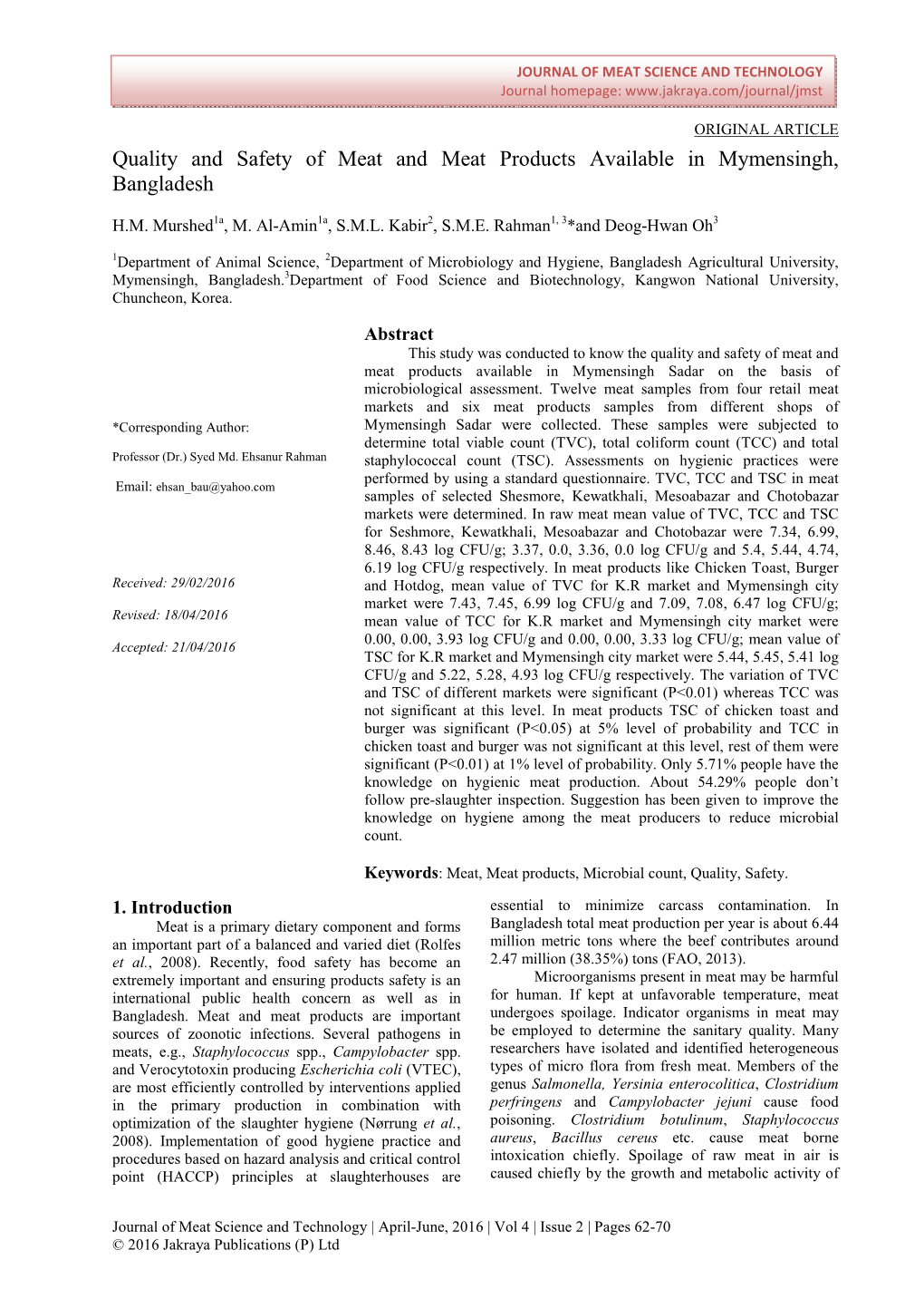 Quality and Safety of Meat and Meat Products Available in Mymensingh, Bangladesh