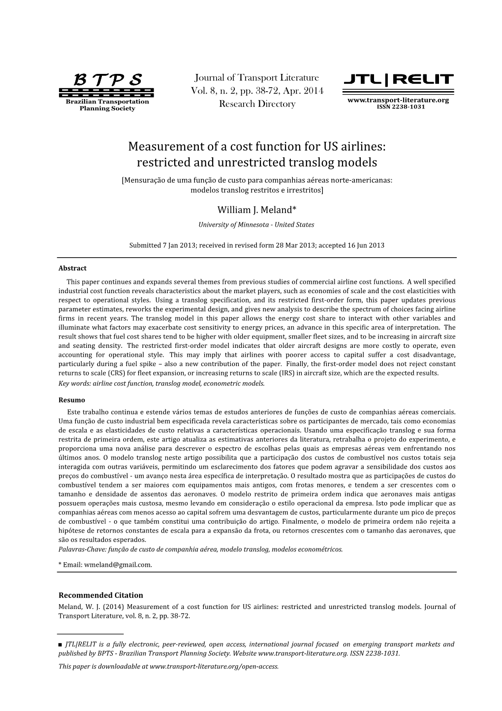 B T P S Journal of Transport Literature JTL|RELIT Vol