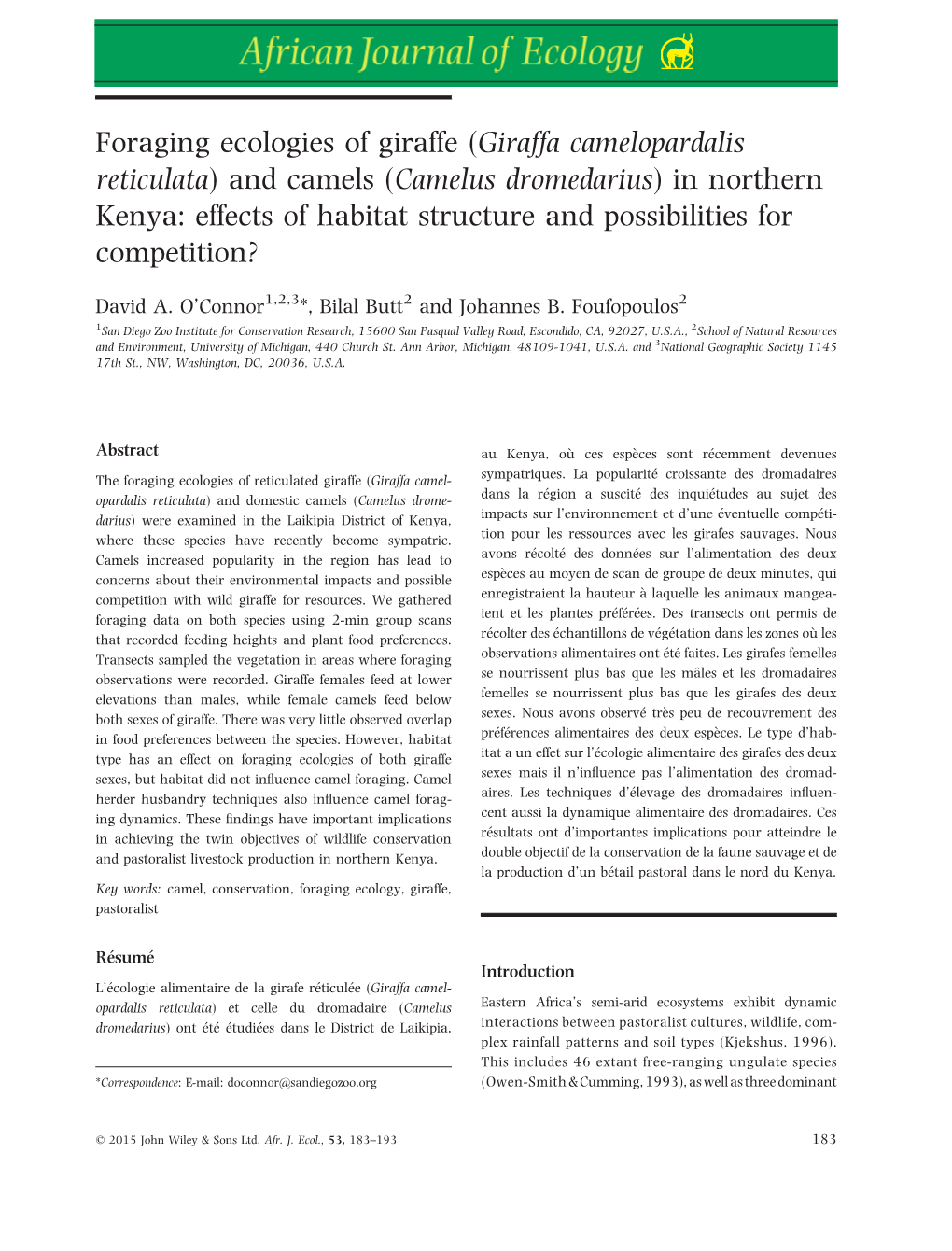 Foraging Ecologies of Giraffe (Giraffa Camelopardalis Reticulata)