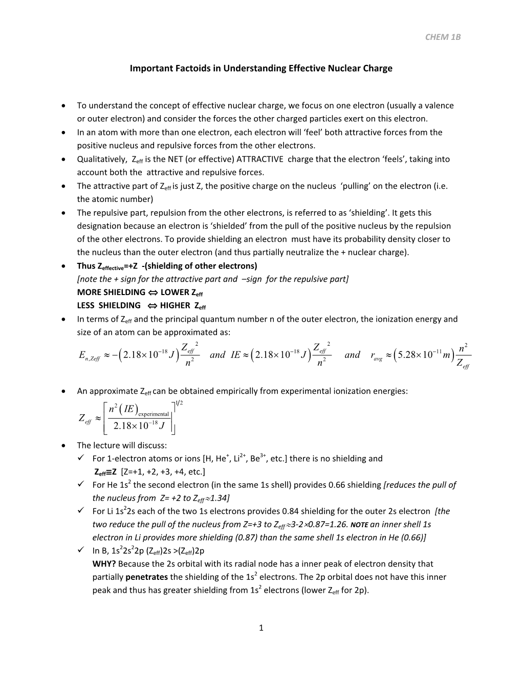 Important Factoids in Understanding Effective Nuclear Charge