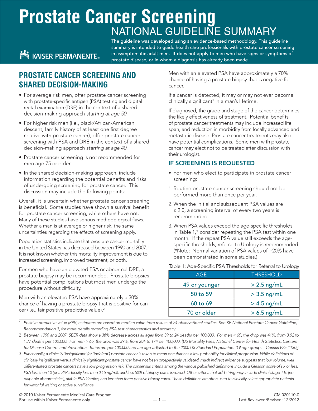 Prostate Cancer Screening NATIONAL GUIDELINE SUMMARY the Guideline Was Developed Using an Evidence-Based Methodology