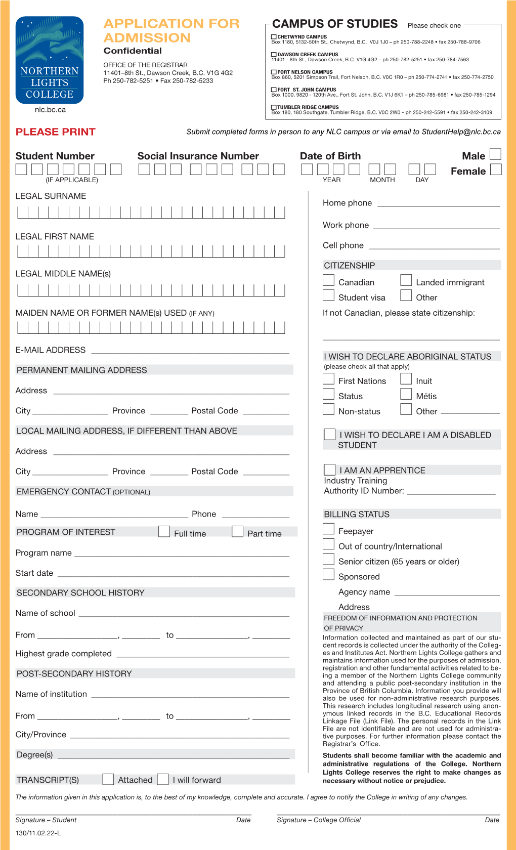 NLC Application for Admissions