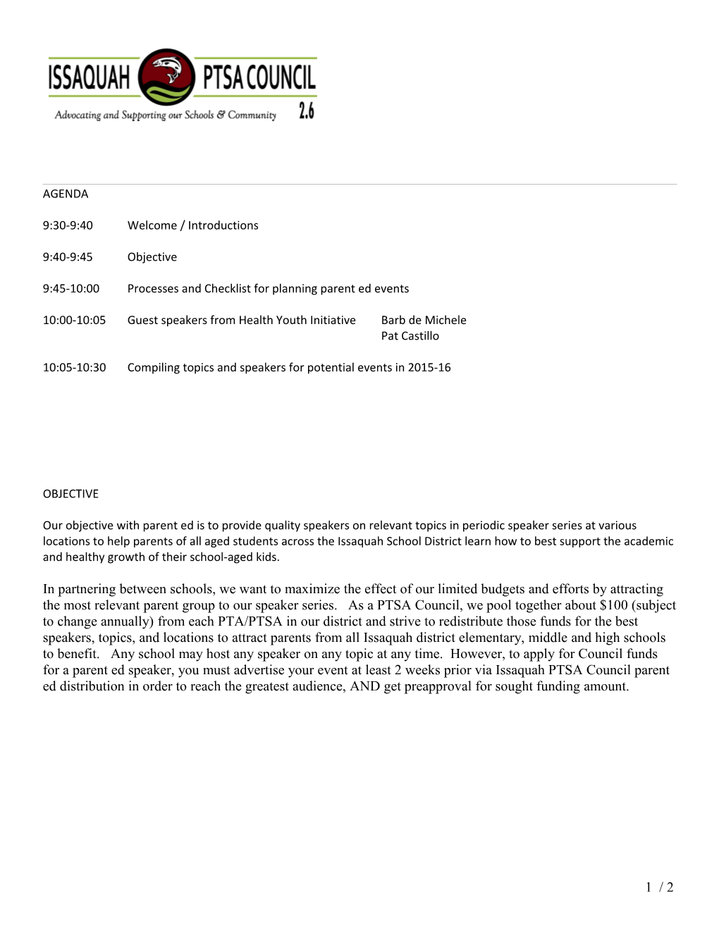 9:45-10:00 Processes and Checklist for Planning Parent Ed Events