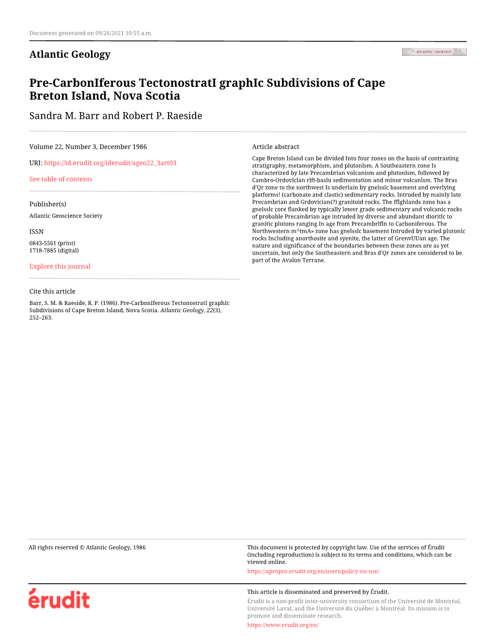 Pre-Carboniferous Tectonostrati Graphic Subdivisions of Cape Breton Island, Nova Scotia Sandra M