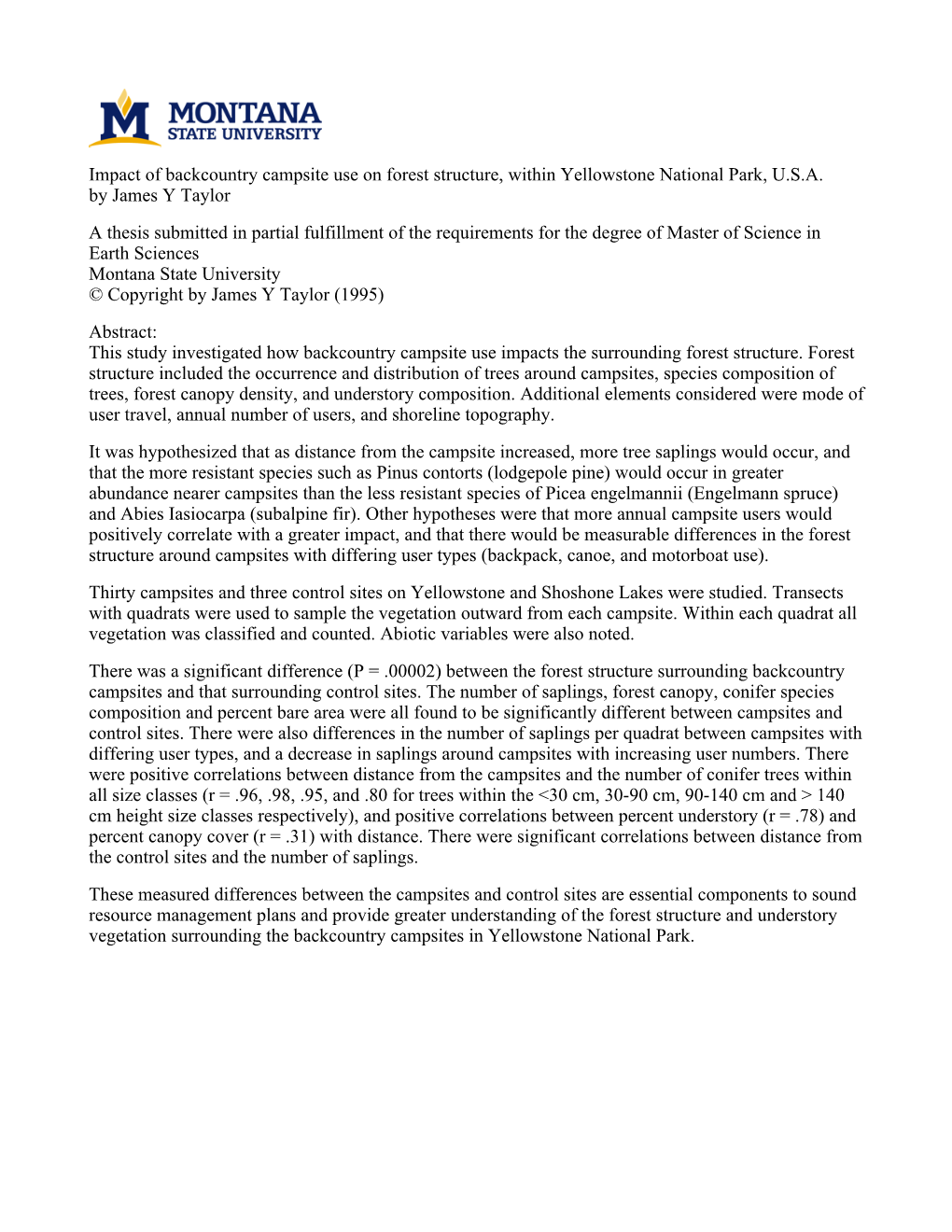 Impact of Backcountry Campsite Use on Forest Structure, Within Yellowstone National Park, U.S.A