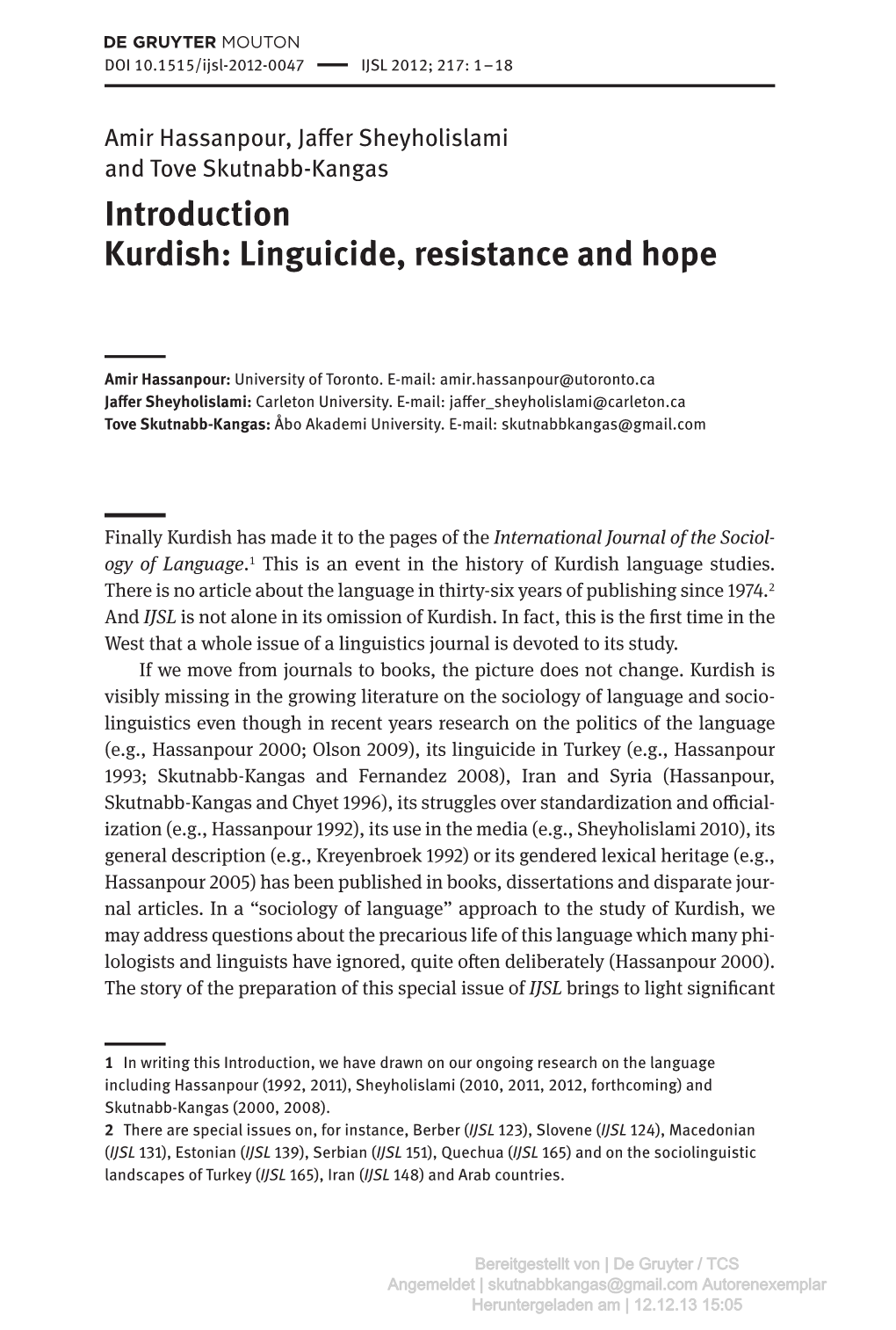 Introduction Kurdish: Linguicide, Resistance and Hope