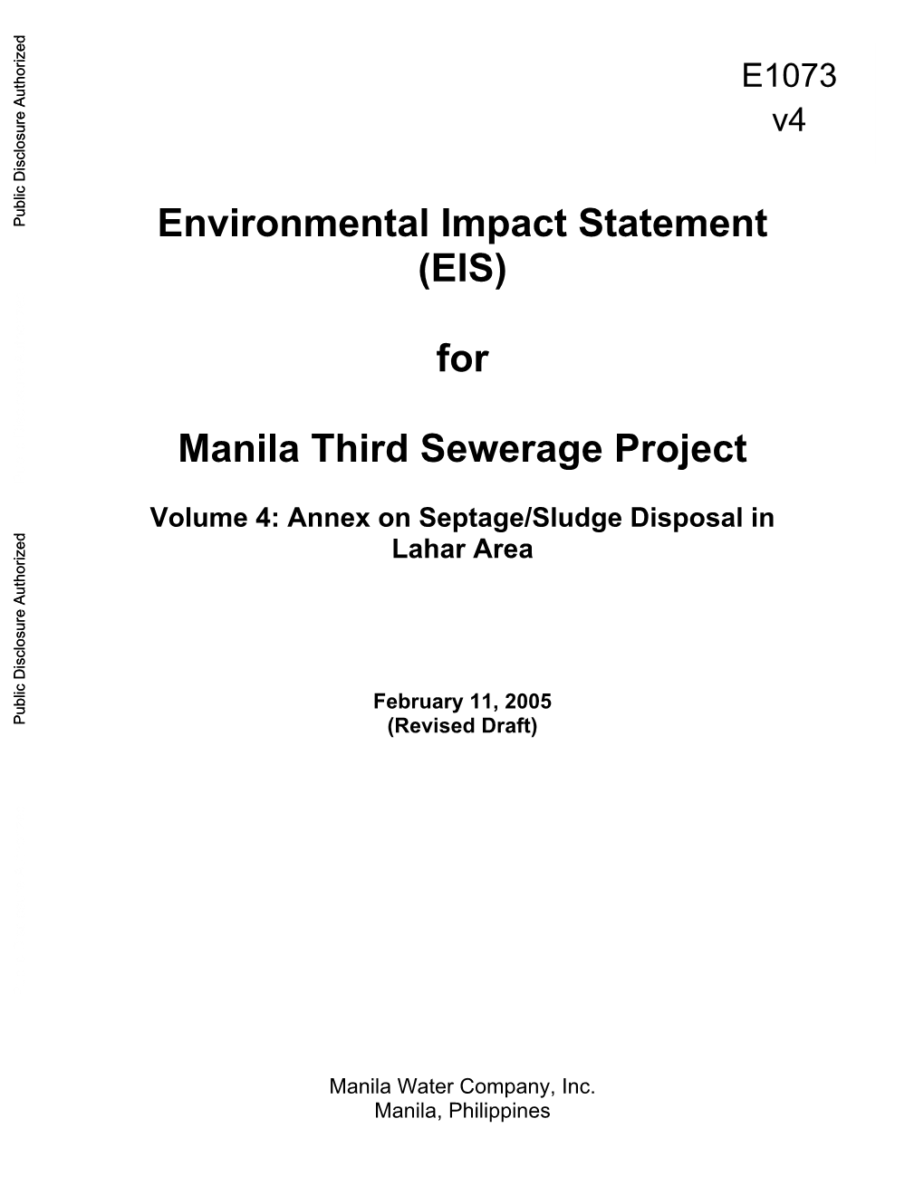 (EIS) for Manila Third Sewerage Project