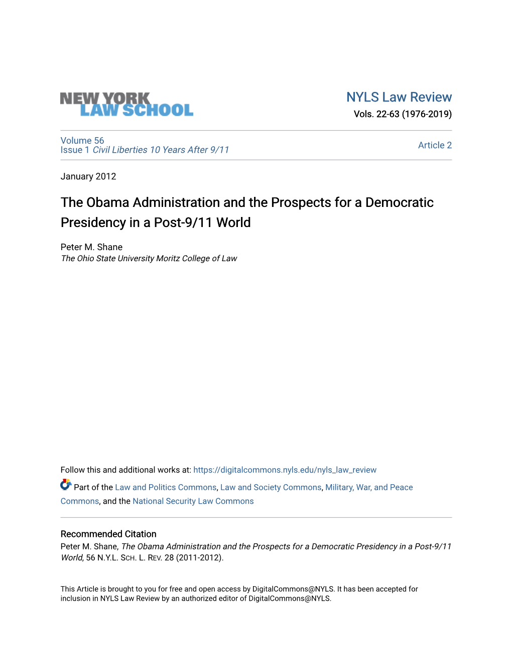 The Obama Administration and the Prospects for a Democratic Presidency in a Post-9/11 World