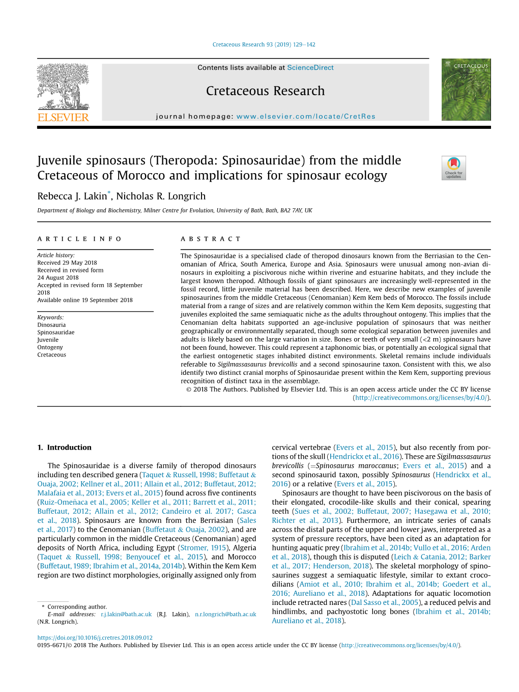 Theropoda: Spinosauridae) from the Middle Cretaceous of Morocco and Implications for Spinosaur Ecology