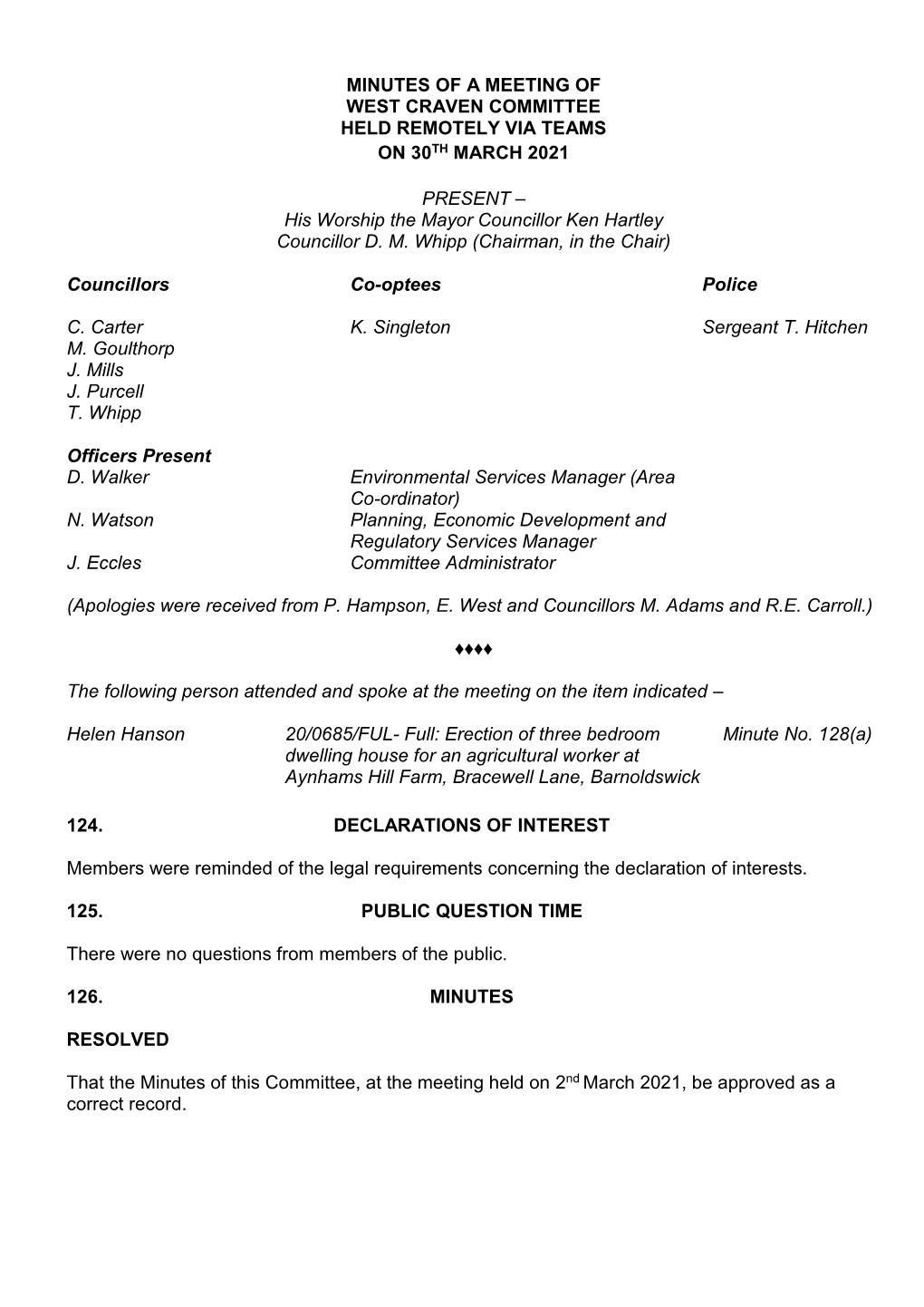 Minutes of a Meeting of West Craven Committee Held Remotely Via Teams on 30Th March 2021