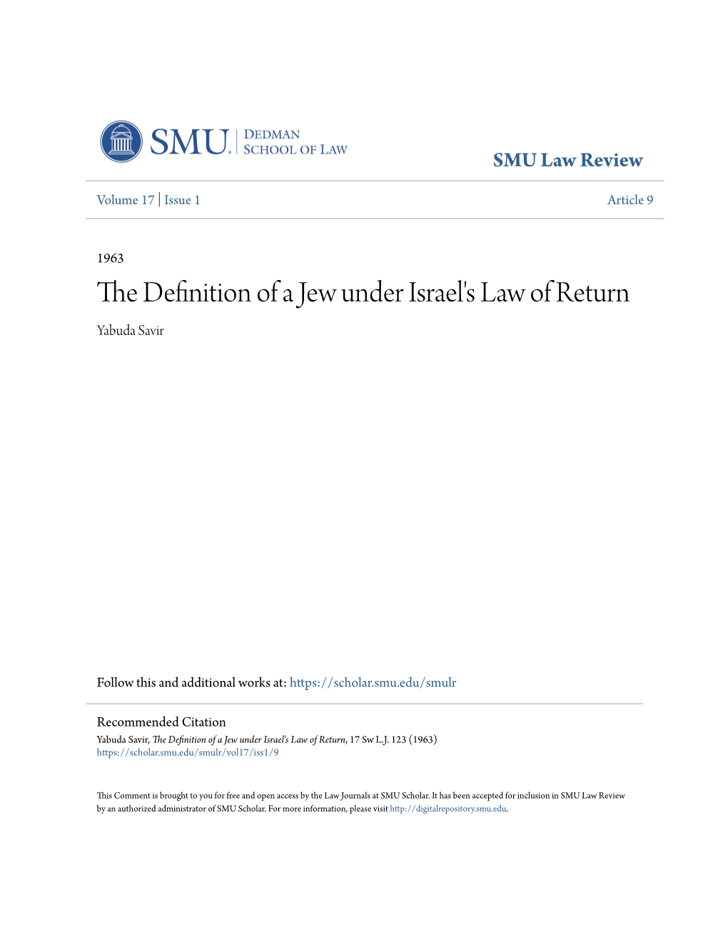 The Definition of a Jew Under Israel's Law of Return, 17 Sw L.J