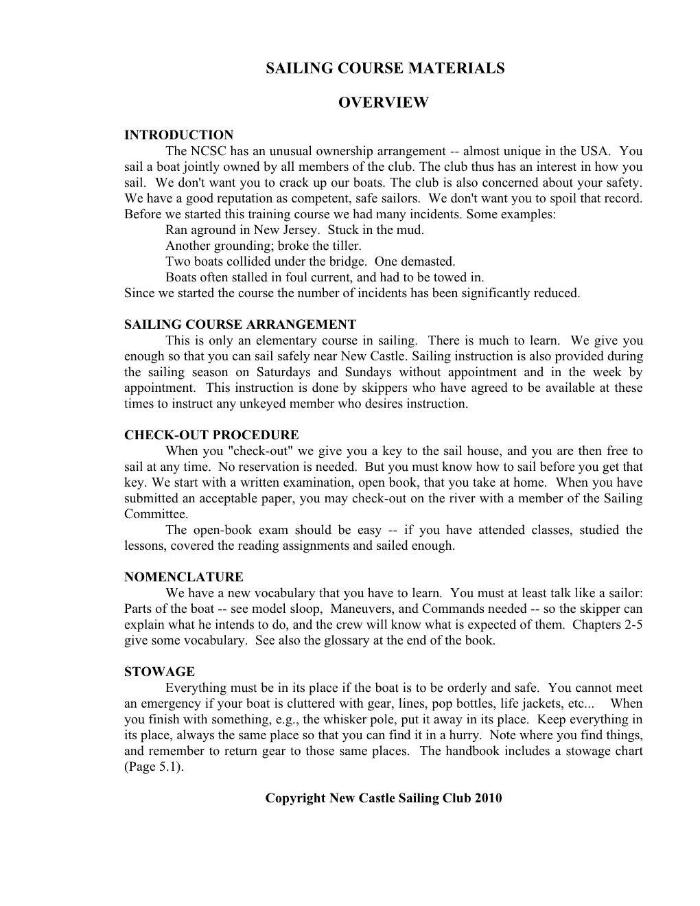 Sailing Course Materials Overview