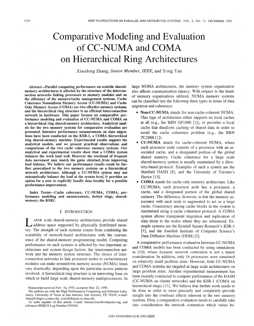 Comparative Modeling and Evaluation of CC-NUMA and COMA on Hierarchical Ring Rchitectures