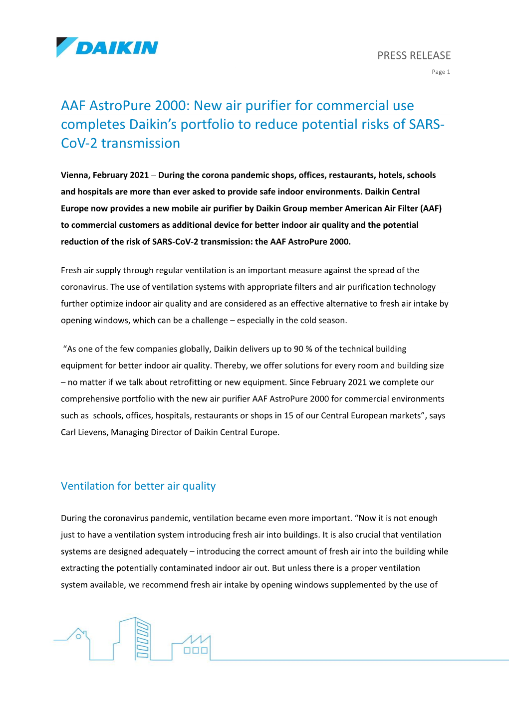 AAF Astropure 2000: New Air Purifier for Commercial Use Completes Daikin’S Portfolio to Reduce Potential Risks of SARS- Cov-2 Transmission