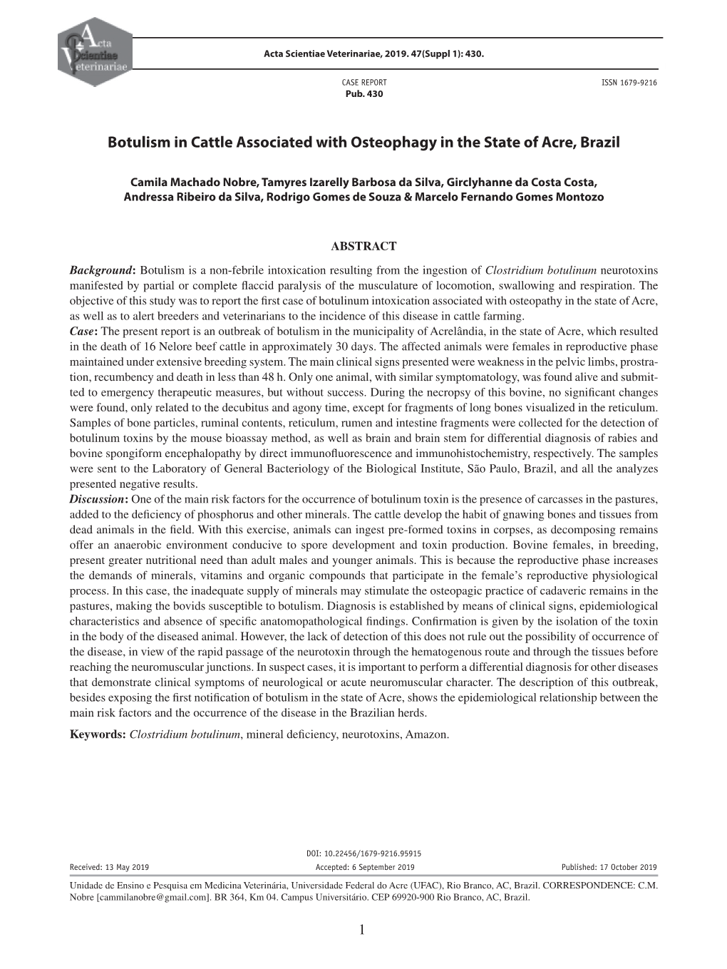 Botulism in Cattle Associated with Osteophagy in the State of Acre, Brazil