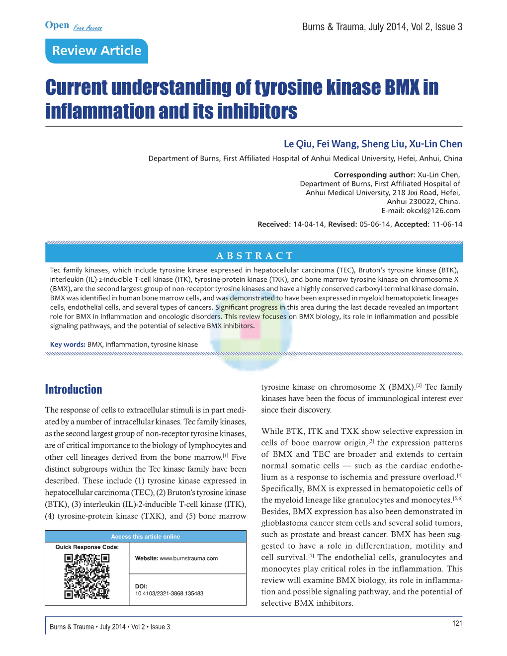 Current Understanding of Tyrosine Kinase BMX in Inflammation and Its