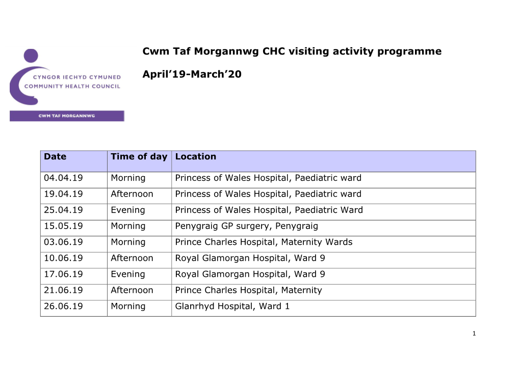 Cwm Taf Morgannwg CHC Visiting Activity Programme April'19-March'20