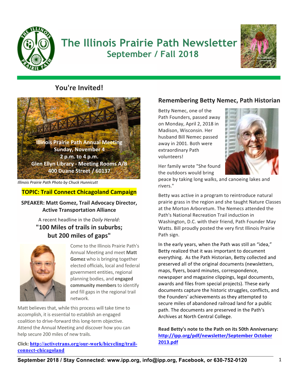 The Illinois Prairie Path Newsletter September / Fall 2018
