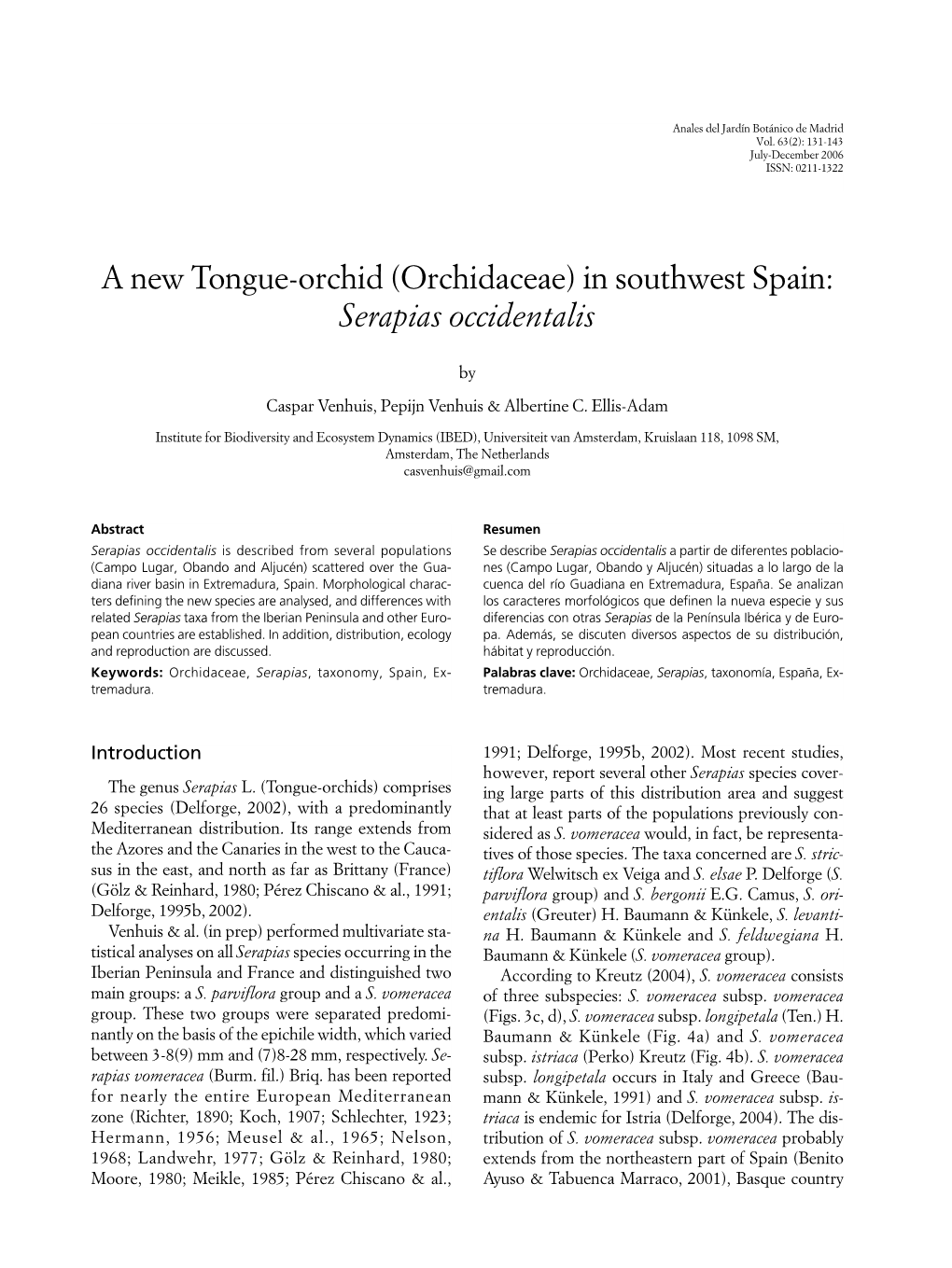 A New Tongue-Orchid (Orchidaceae) in Southwest Spain: Serapias Occidentalis