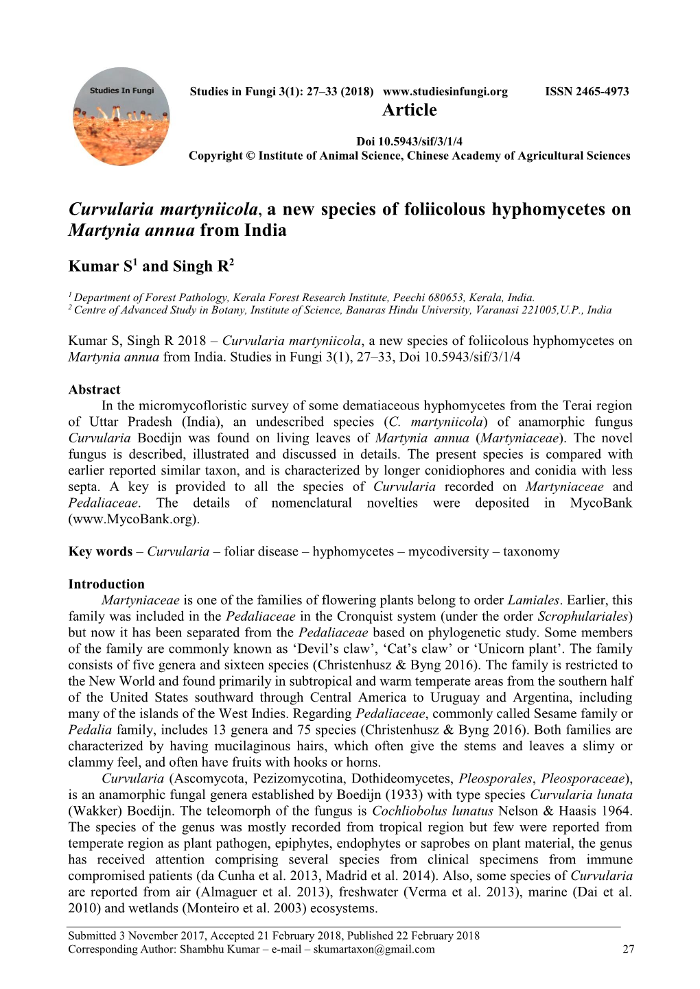 Curvularia Martyniicola, a New Species of Foliicolous Hyphomycetes on Martynia Annua from India