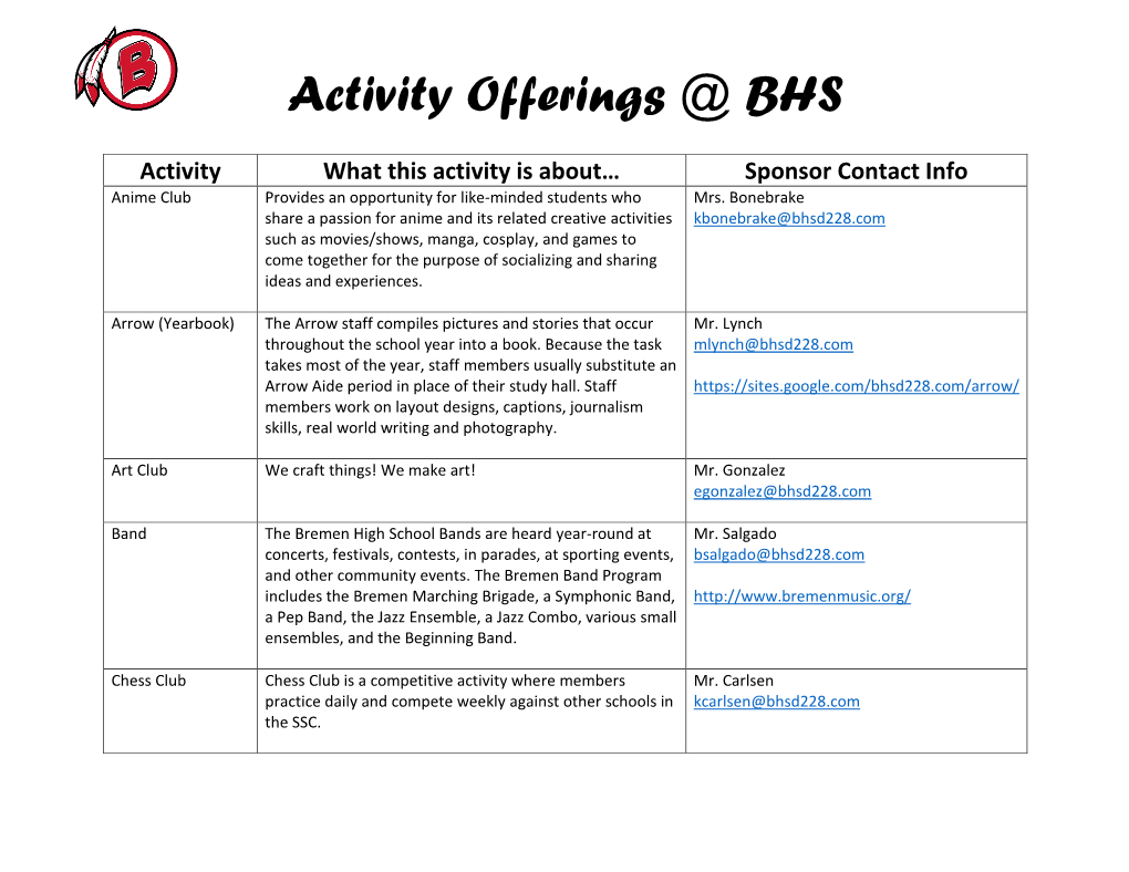 Activity Offerings @ BHS