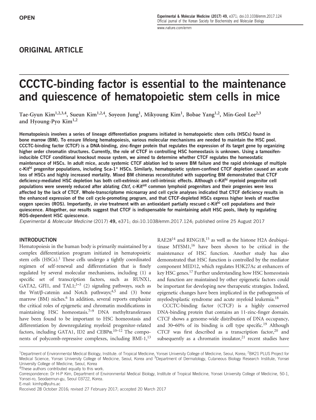 CCCTC-Binding Factor Is Essential to the Maintenance and Quiescence of Hematopoietic Stem Cells in Mice