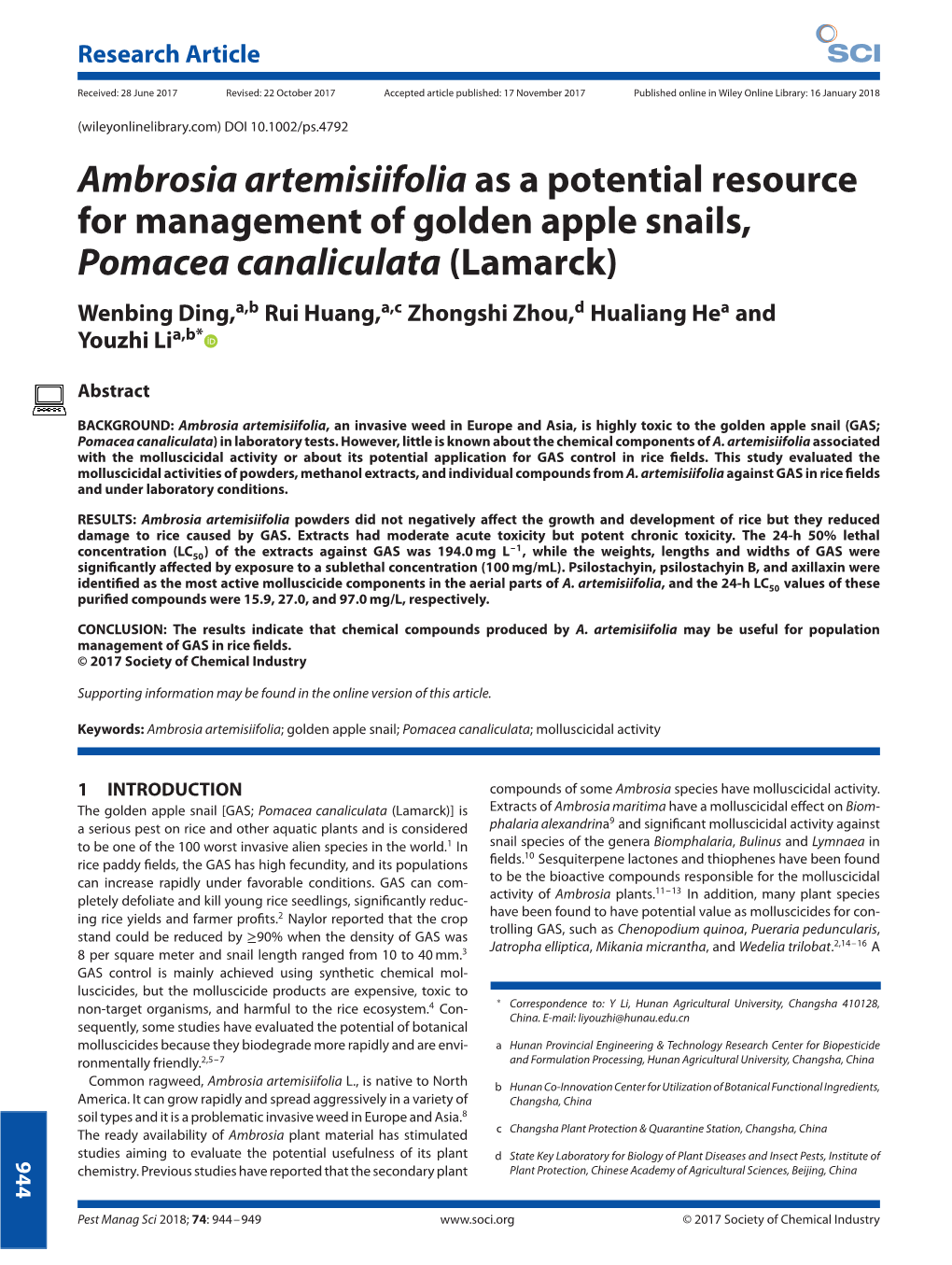 Ambrosia Artemisiifolia As a Potential Resource for Management of Golden