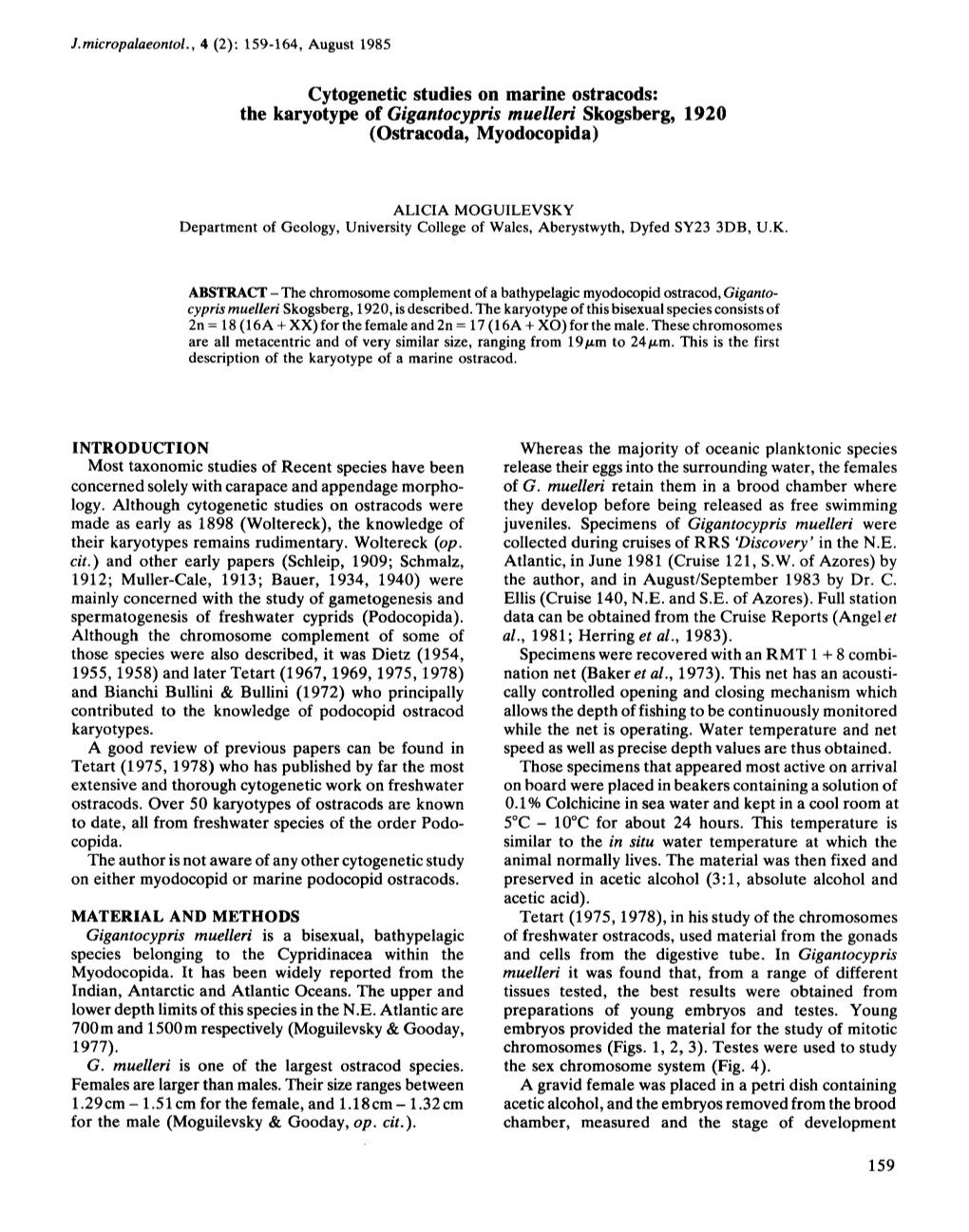 Cytogenetic Studies on Marine Ostracods: the Karyotype of Giguntocypris Muellen' Skogsberg, 1920 (Ostracoda, Myodocopida)