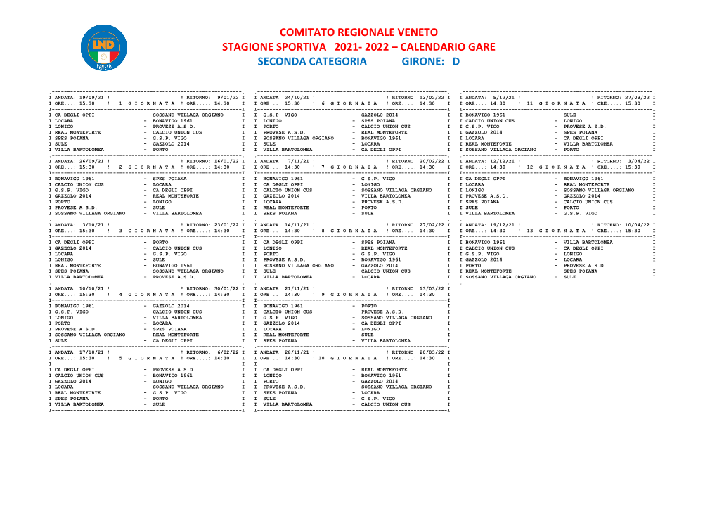 Calendario Gare Seconda Categoria Girone: D