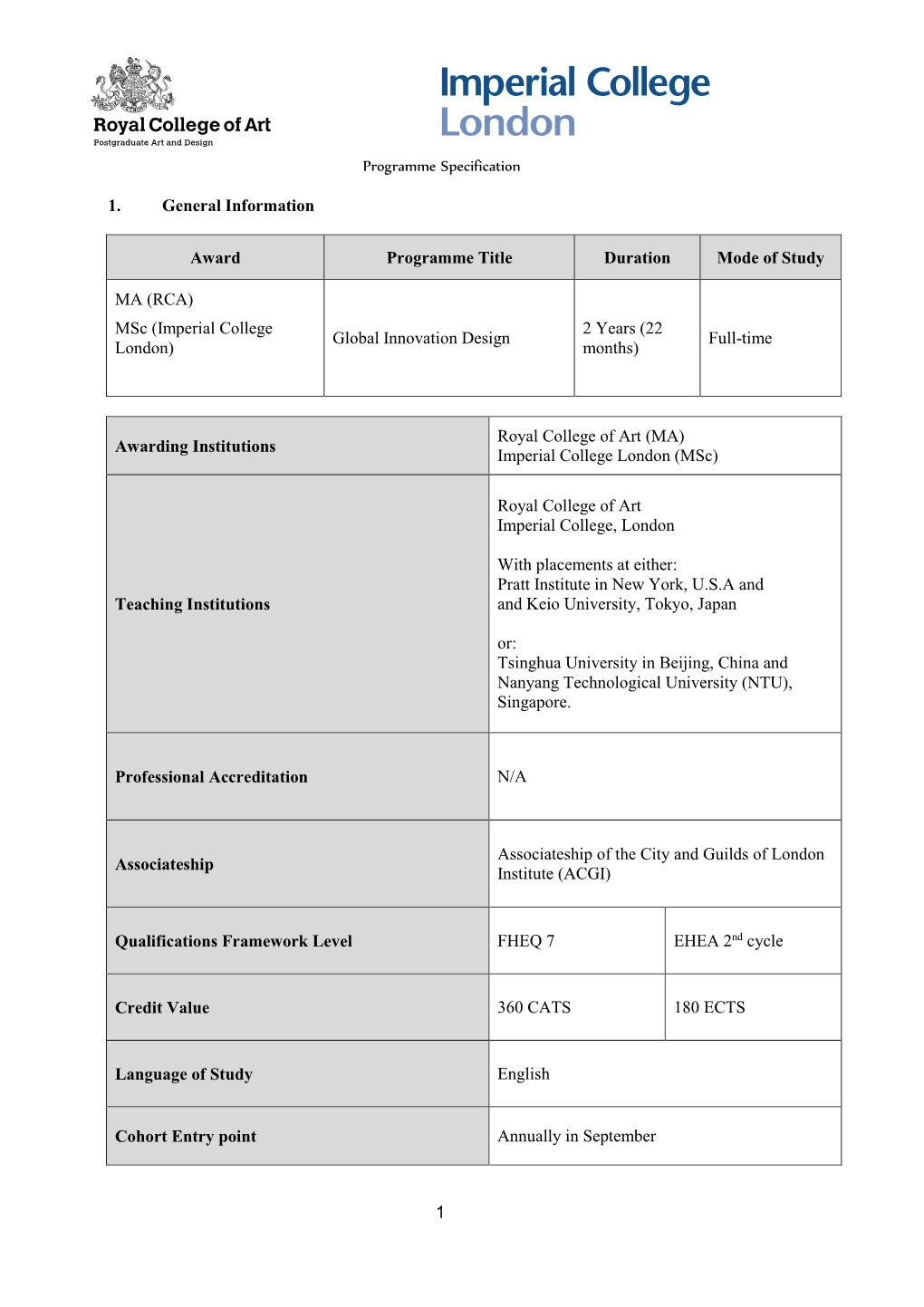 RCA) Msc (Imperial College 2 Years (22 Global Innovation Design Full-Time London) Months