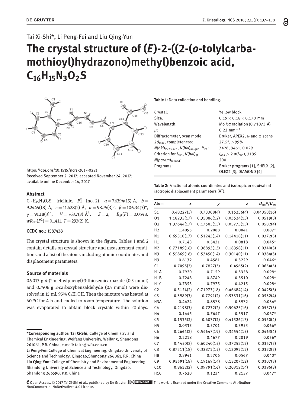 The Crystal Structure of (E)-2-((2-(O-Tolylcarbamothioyl