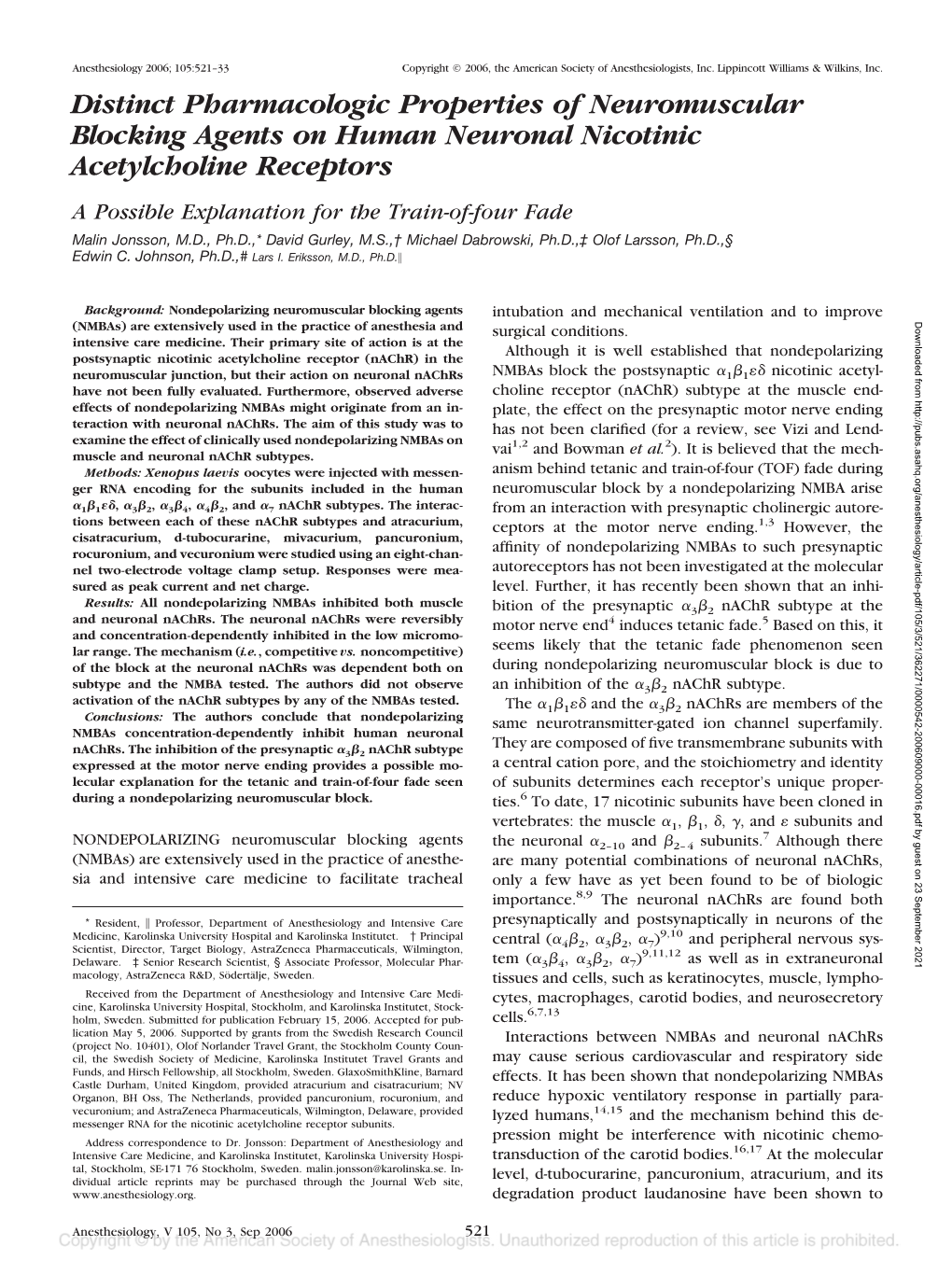 Distinct Pharmacologic Properties of Neuromuscular Blocking Agents On