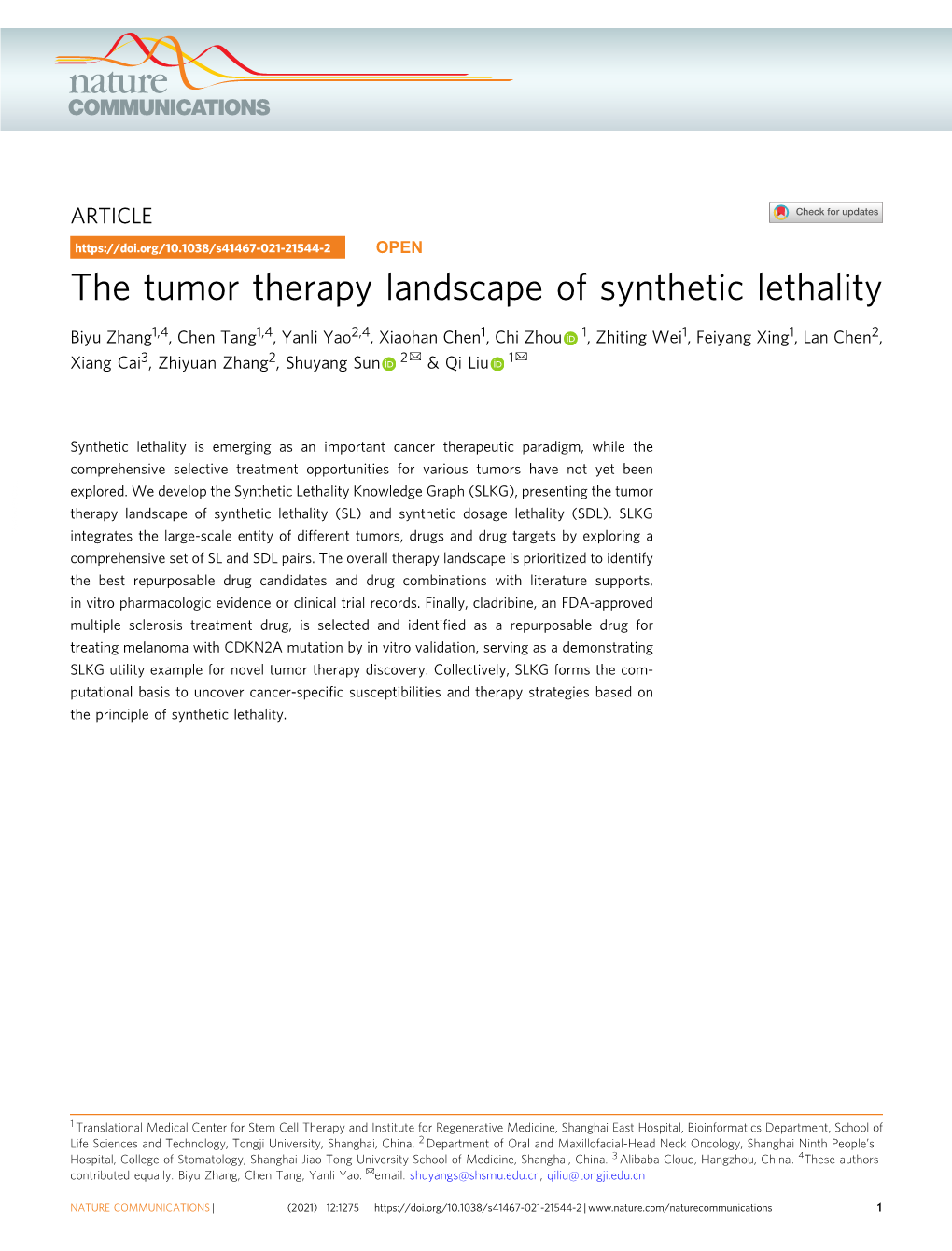 The Tumor Therapy Landscape of Synthetic Lethality